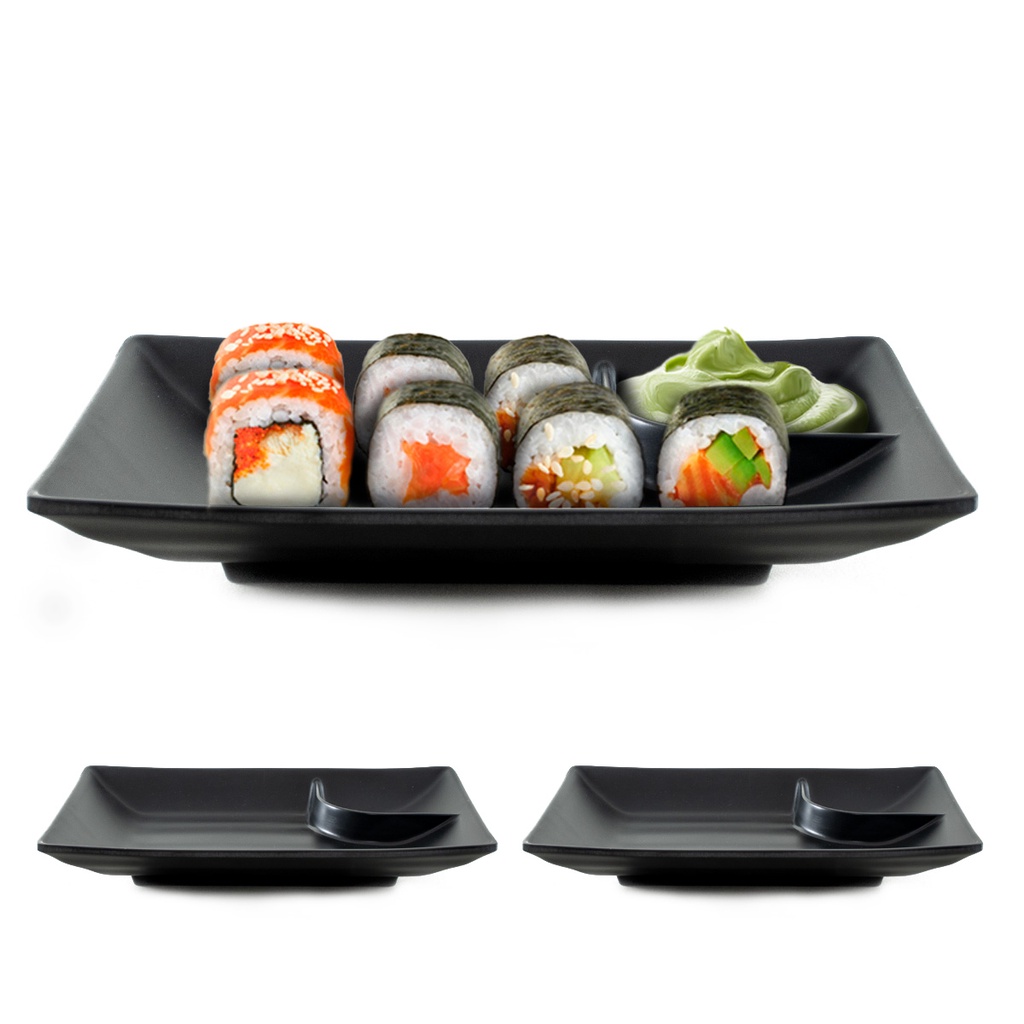 Kit 2 Pratos De Melamina Com Molheira Tóquio Pretos Para Servir Entradas Sushi Comida Japonesa Aperitivos Petiscos 19x12