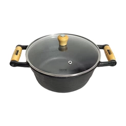 Panela Caçarola De Ferro Alça de Madeira C/ Tampa Vidro 24cm