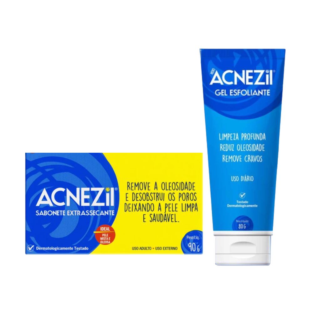 Kit Facial Acnezil Sabonete Barra Extrassecante 90g + Gel Esfoliante 80g Cimed Pele Oleosa Mista Acne Cravo Espinha Antibacteriano Poros