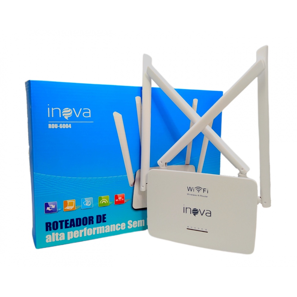 Roteador Inova Rou-6004 sem fio 4 antenas Sinal WI-FI Forte e Amplo Antenas Externas Omnidirecional Alta Performance 4x5 dBI Sinal de WI-FI de amplo alcance estável Padrões de Criptografia WPA/WPA2
