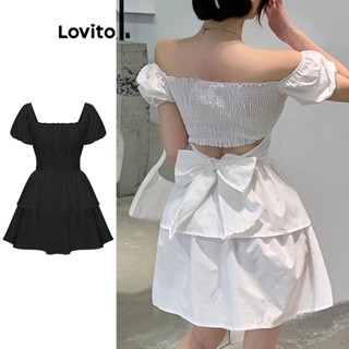 Lovito Casual Vestido Feminino Liso com Camadas e Manga Bufante L68ED266 (Branco/Preto)