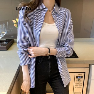 Lovito Casual Blusa Feminina Listrada de Manga Comprida com Botão LNA26184 (Azul)