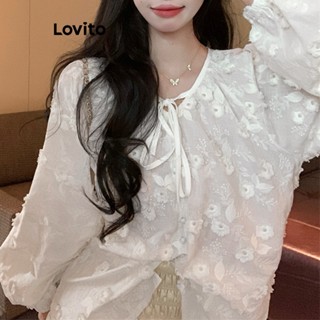 Lovito Casual Blusa Feminina Lisa Amarrada com Botão Frontal LNE24041 (Branco)