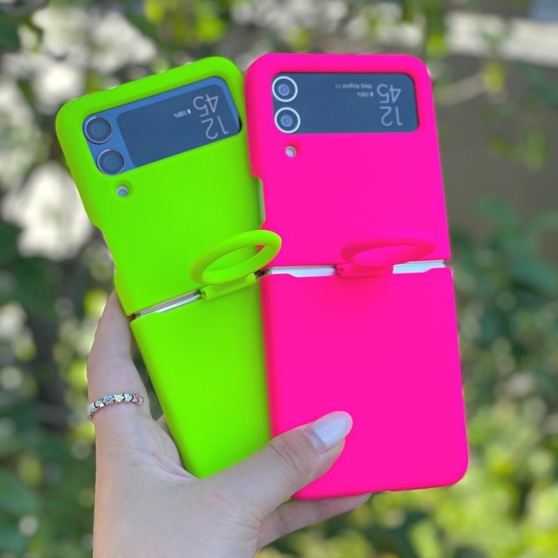 Z Flip 4 5 Case Neon Liquid Silicone Phone Cases Cover for Samsung Galaxy z Flip 3 z flip 4 5 Fluorescent Color Hook Holder Cute CQLO