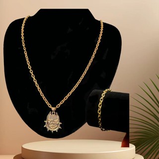 Kit Elegante: Corrente e Pulseira Cartie Gominho em Aço Inox 18k com Charme de Pitbull Dourado e Acabamento em Folheado de Moeda Antiga Unissex