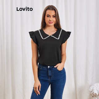 Lovito Blusa de Renda com Amarração e Costura em Tecido Simples para Mulheres LBL06130 (Preto)