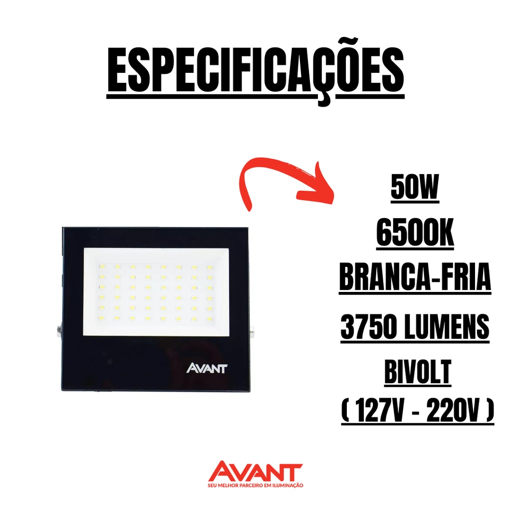 Refletor Avant Holofote Led 50w Luz Branca 6500k Ip65