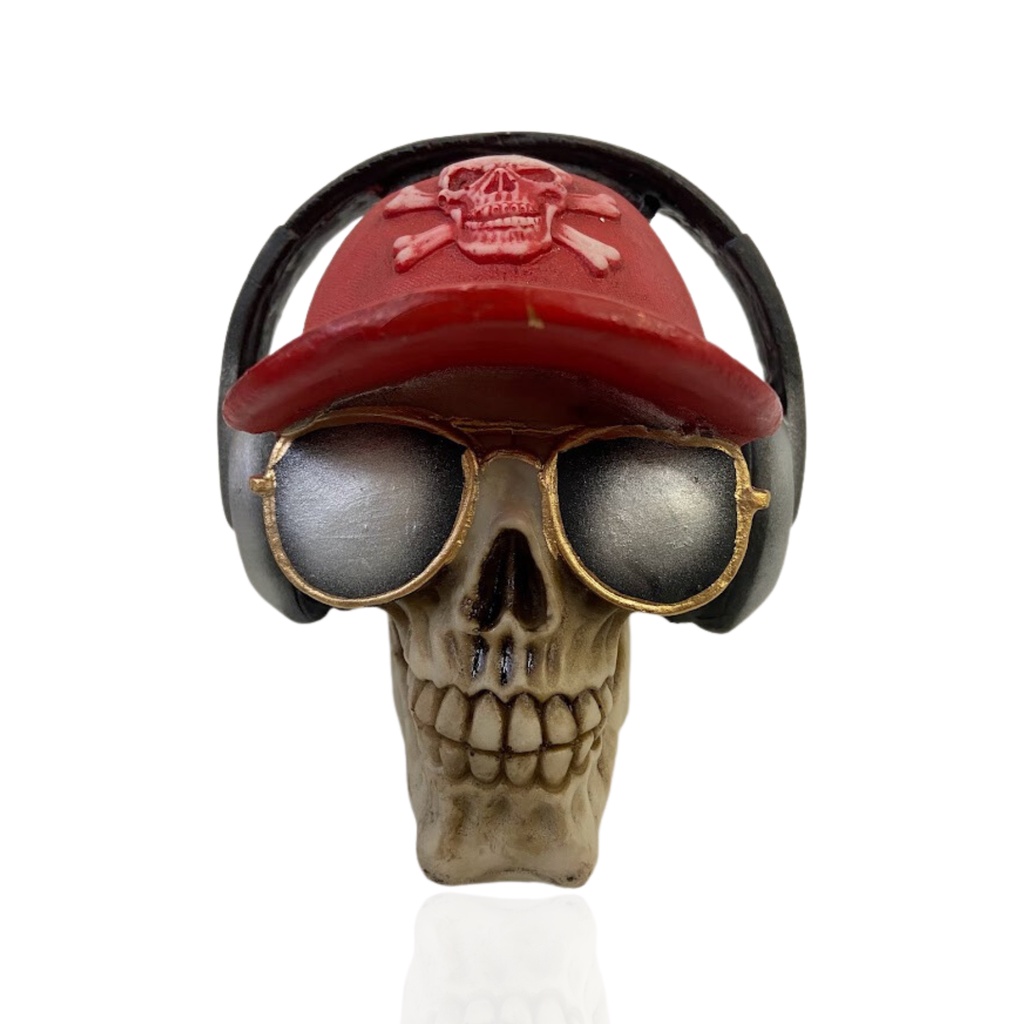 Caveira Enfeite Crânio Boné e Fone Em Resina Alta Qualidade Produto Decorativo Sala Quarto Escritório Presente Criativo Estátua Rústica