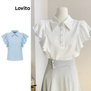 Lovito Blusa Elegante com Botões Frontais e Babado para Mulheres L74ED116 (Branco/Azul)