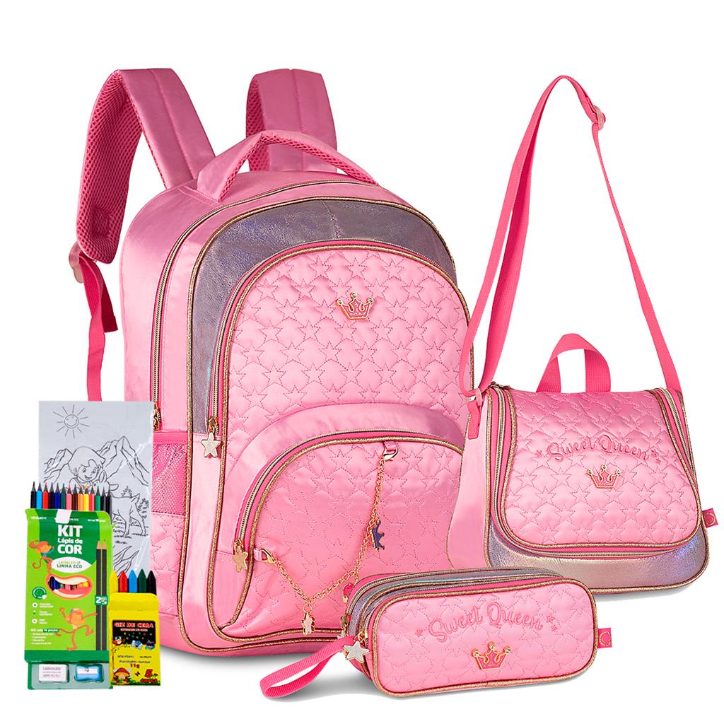 Kit Mochila Costas Estojo Lancheira Princesa Sereia Glitter Sweet Queen SQ Infantil Escolar Meninas