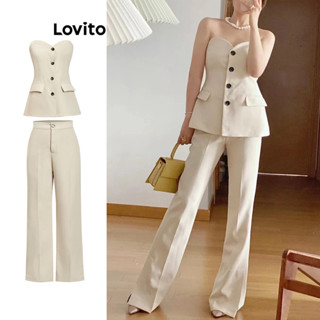 Lovito Casual Conjunto Feminino Liso de Calça com Bolso Fenda e Botão Frontal L74ED284