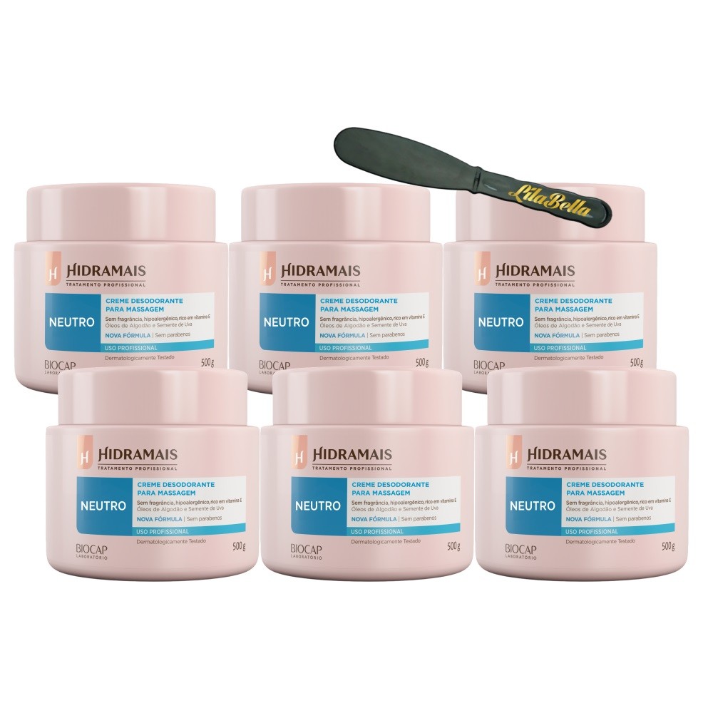 6UN Creme De Massagem Neutro 500GR Hidramais+Espátula