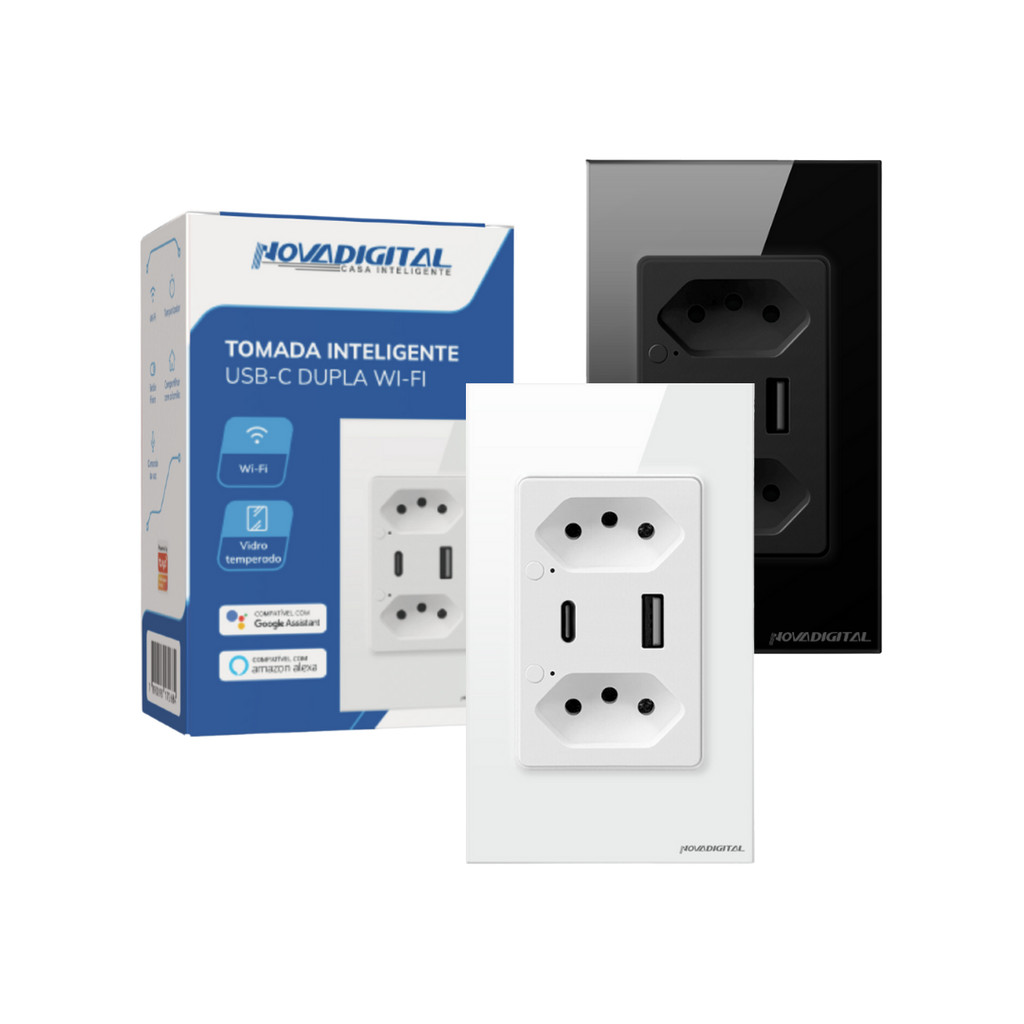 Tomada Wifi Inteligente 4x2 Dupla USBC Alexa Google Tuya Automação Residencial App Novadigital Smart