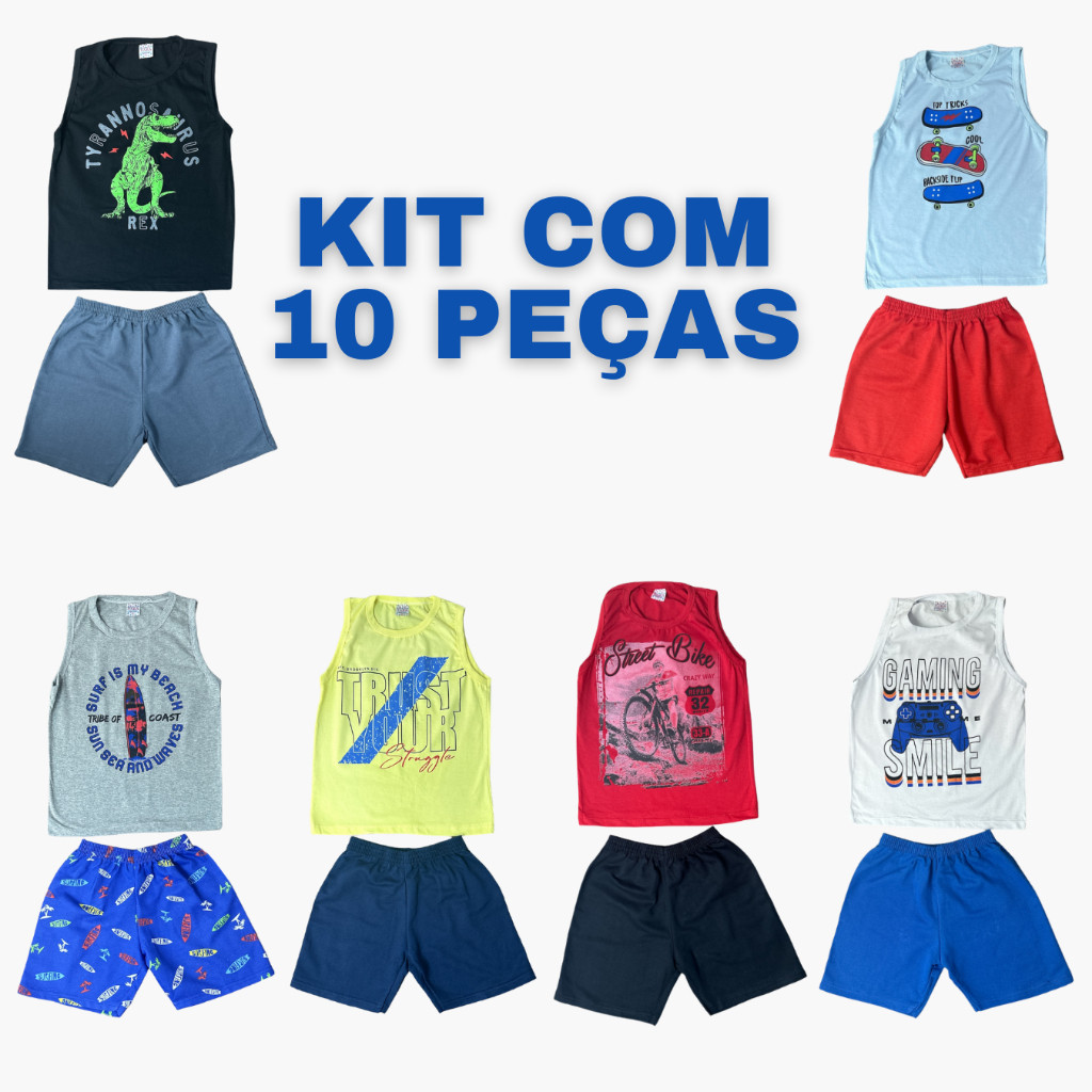 Kit 10 Peças 5 Regatas e 5 Bermudas Regata Estampada Conjunto Infantil Menino Bermuda Tamanho 1 á14