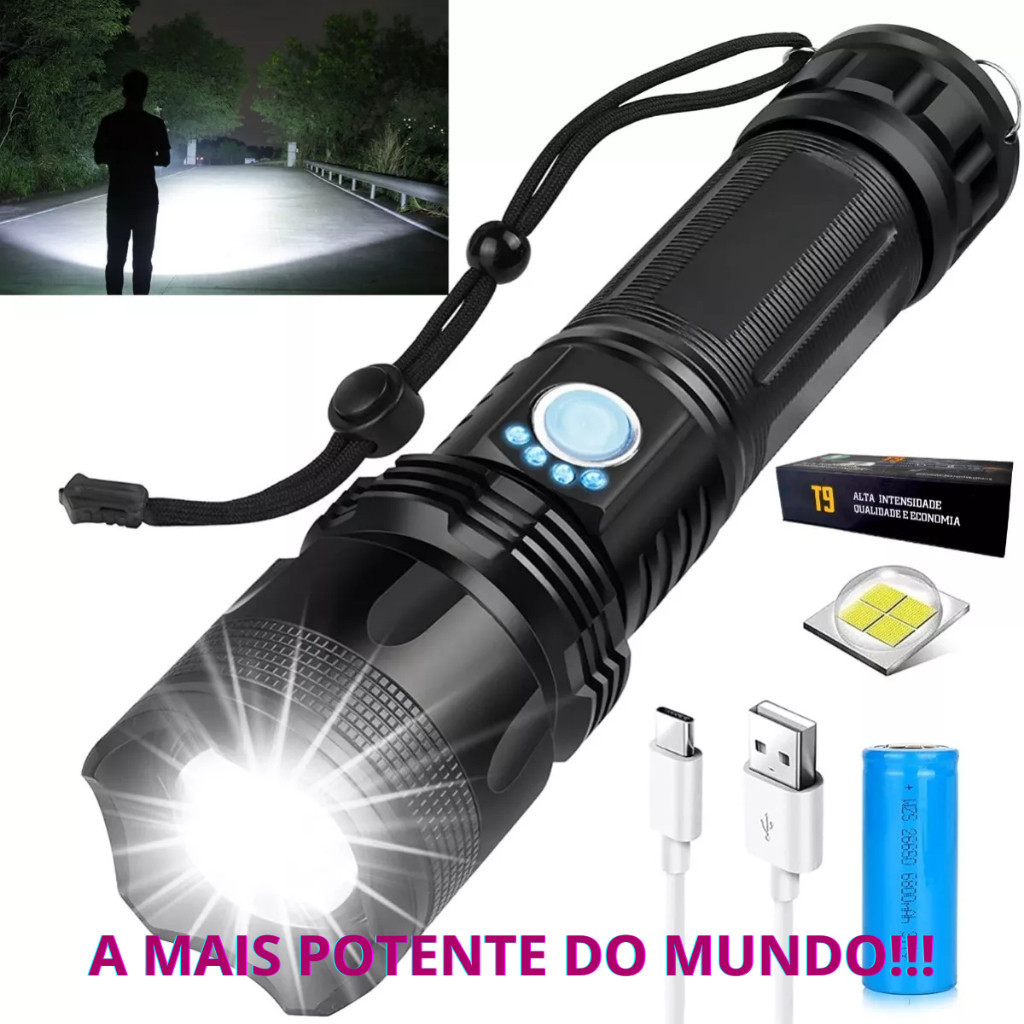 Lanterna Super Potente T9 P50 Tática Mais Forte Do Mundo Potente Sitio Fazenda Acampamento Camping Segurança