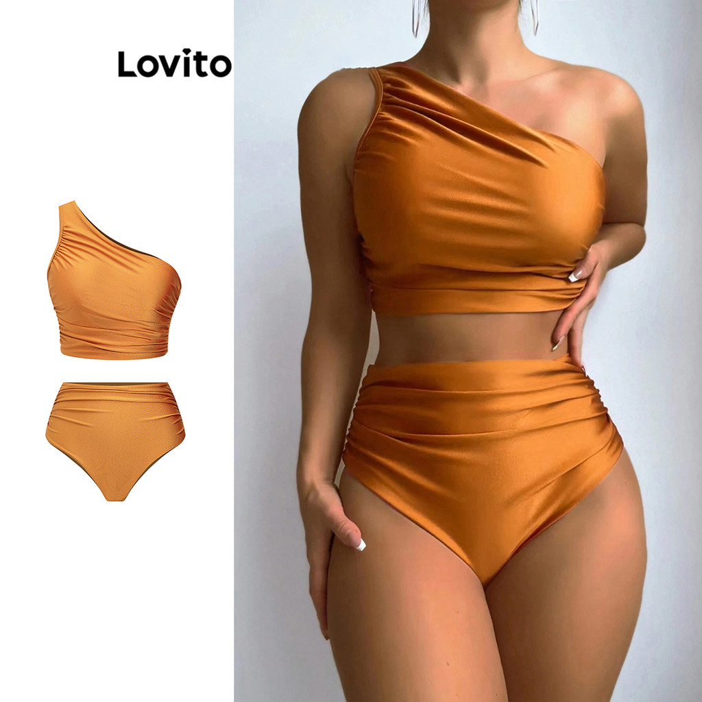 (Trendy) Lovito Conjuntos De Biquíni Casuais Conjuntos De Biquíni Assimétricos Lisos Para Mulheres LBL16822 em Oferta na Shopee