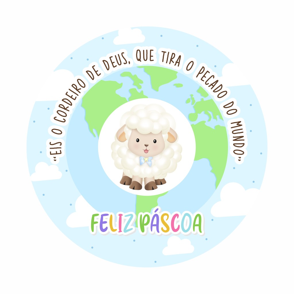 Painel de Tecido Sublimado Redondo O Cordeiro de Deus Mundo Cute Páscoa Feliz c/ Elástico 1,5x1,5m