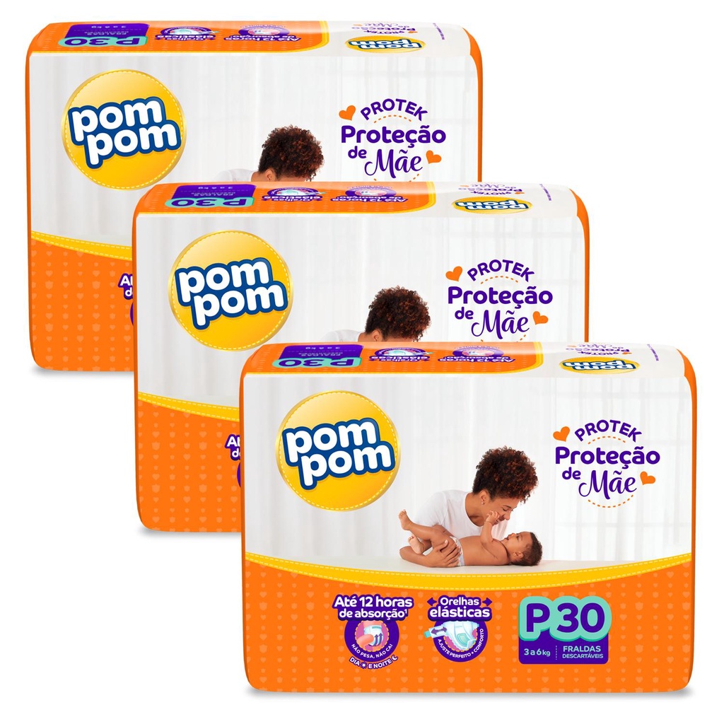 Kit 3 Fraldas Pom Pom Protek Proteção de Mãe Jumbo P com 30un cada em Oferta na Shopee