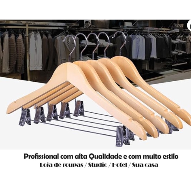 Cabide de Madeira Com Presilhas Kit com 10 pecas em Oferta na Shopee