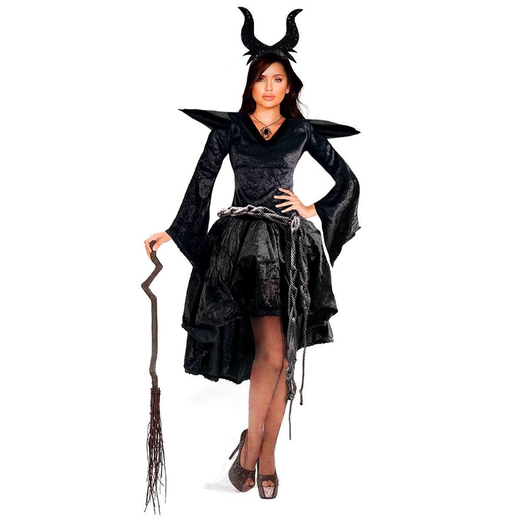 Fantasia Malévola Adulta Luxo de Halloween Com Tiara