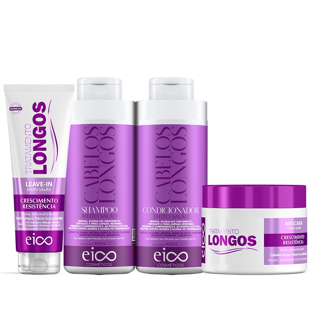 Kit Eico Cabelos Longos Crescimento Shampoo 450ml e Condicionador 400ml Tratamento Fortalecimento Máscara 270g e Leave-in Finalizador Protetor Térmico 200ml