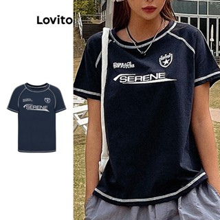 Lovito Casual Camiseta Feminina Assimétrica Acolchoada com Texto e Costura Contrastante L68ED288 (Azul Escuro)