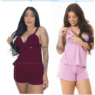 Kit 2 Baby Doll Short e Camiseta Amamentação Pijama Gestante Maternidade Pós Parto Grávida Prático Para Mães Que Amamentam