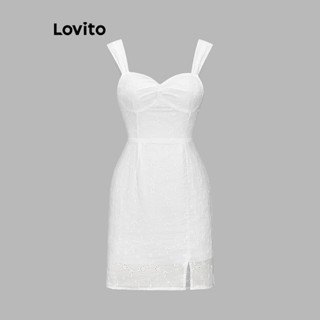 Lovito Vestido de Algodão com Racha e Franzido Floral para Mulheres L59ED118 (Branco)