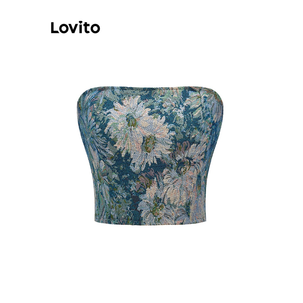 Lovito Top de Tanque com Ombros a Descoberto e Fecho de Zíper Floral para Mulheres L59ED019 (Azul) - Women Clothes