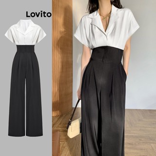 Lovito Elegante Macacão Feminino de Patchwork Colorblock L71ED204 (Preto e Branco)