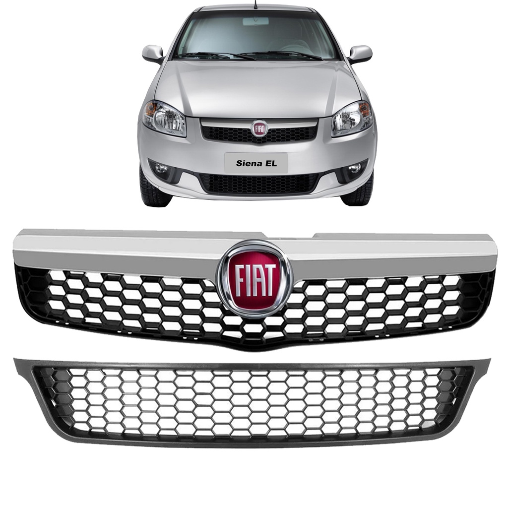 Kit Grade Radiador + Grade Para-choque Siena El Strada Weekend 2013 2014 2015 2016 + Emblema