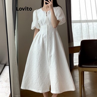 Lovito Casual Vestido Feminino Liso de Jacquard com Manga Bufante e Zíper L71ED146 (Branco)