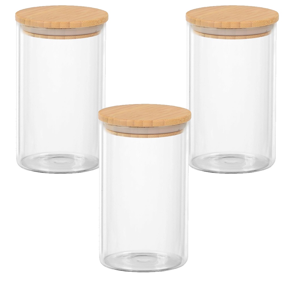 Kit 3 Potes 450ml De Vidro Mantimentos Tampa De Bambu 6,5 x 15cm