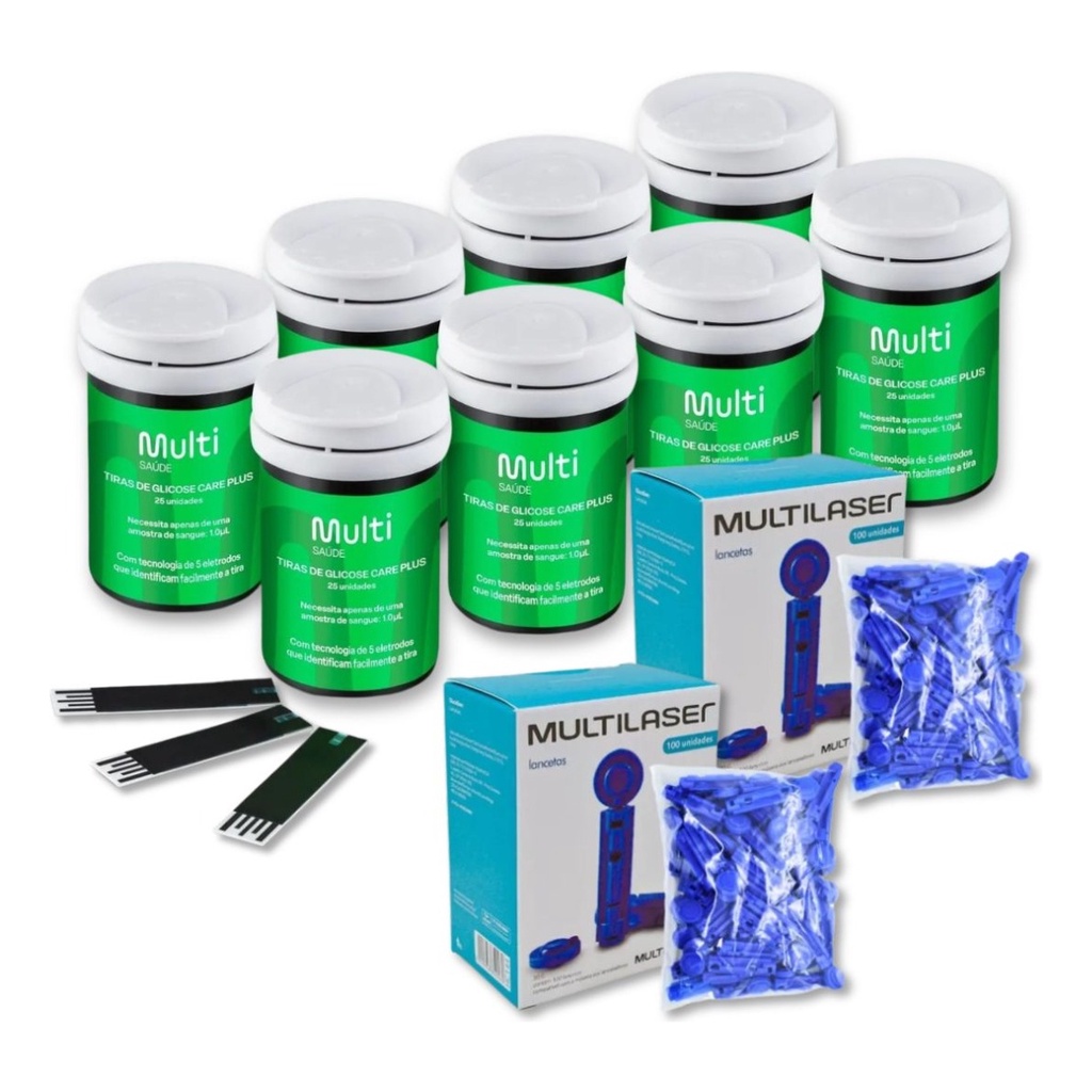 Kit 200 Tiras De Glicemia Fita + 200 Lancetas Medir Glicose