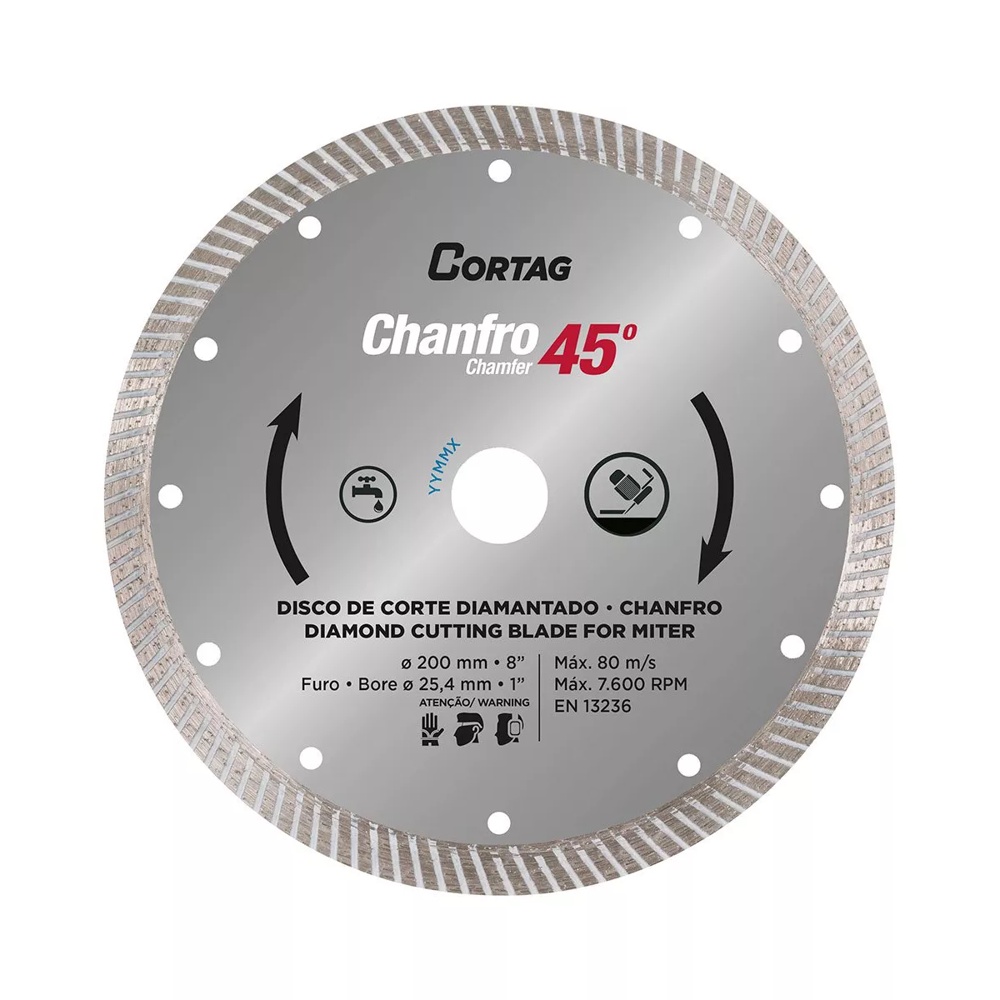 Disco Diamantado Turbo Chanfro 45° 200mm Para Uso Profissional - CORTAG Porcelanato Mármore Granito