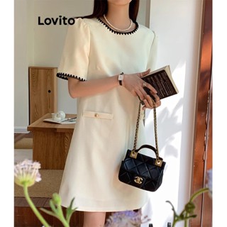 Lovito Casual Vestido Feminino Liso Colorblock com Botão L68ED158 (Off White)