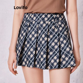 Lovito Saias Plissadas De Guingão Formal Para Mulheres LNE33257 (Azul Escuro)