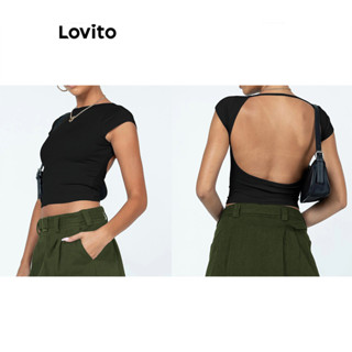 Lovito Camiseta Casual Lisa Sem Costas Para Mulheres LNL39052 (Damasco/Azul Pálido/Preto)