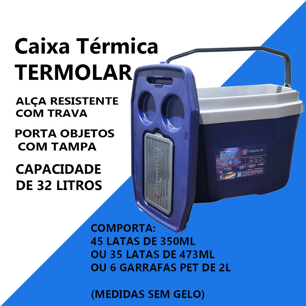 Detalhes do Kit Praia Pesca Caixa Cooler Térmico Grande 32L E Pequeno 20L Termolar Azul