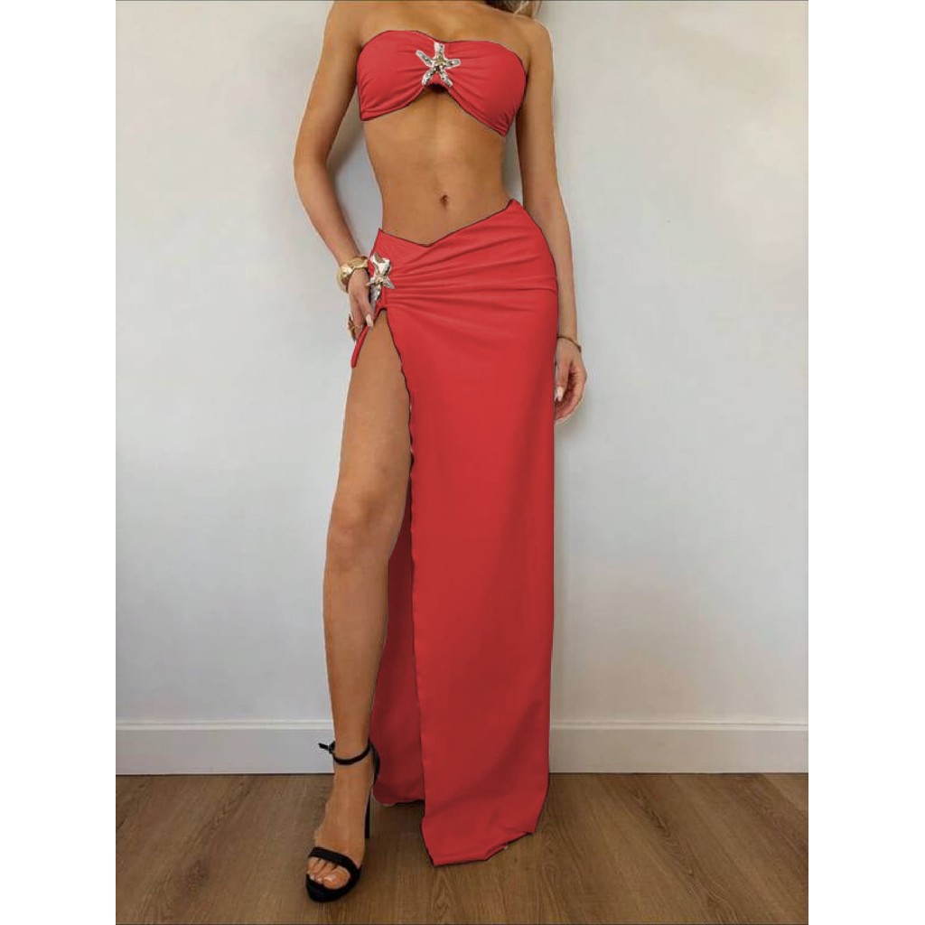 Conjunto feminino Cropped tomara que caia com detalhe Estrela no meio com Saia longa com fenda na perna com Estrela