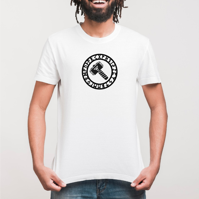 Camiseta Martelo do Thor Viking Escrita Nordica Camisa Basica Masculina Algodão Off