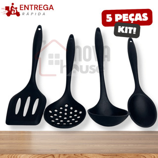 Kit 4 Peças Utensílios de Silicone para Cozinha Escumadeira Concha Espátula Vazada Colher de Arroz Kit Vermelho ou Preto em Oferta na Shopee