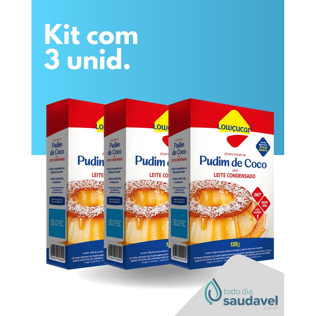 Kit 3 unds de pudim de leite sabor coco com calda pronta sabor caramelo zero adição de açúcares 135g