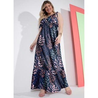 Vestido Longo Com Alças E Babado Azul Quintess em Oferta na Shopee