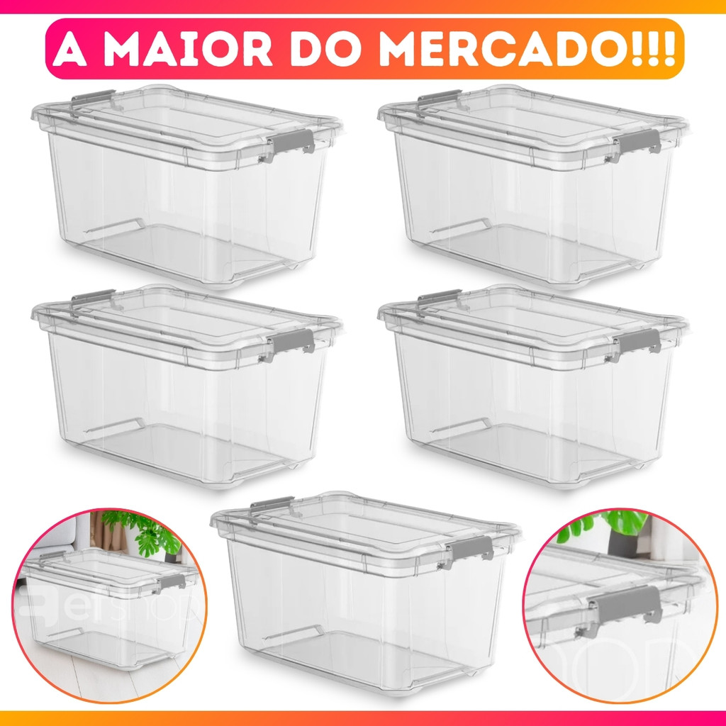 Kit 5 Caixa Organizadora Transparente Multiuso C/ Trava 50 Litros em Oferta na Shopee