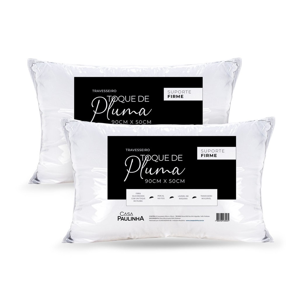 Kit 2 Travesseiros Toque de Pluma Suporte Firme 90cm x 50cm