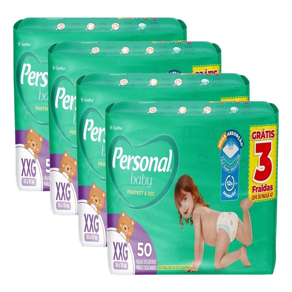 Fralda Descartável Personal Soft & Protect Hiper Tamanho XXG - 4 Pacotes com 50 Fraldas - Total 200 Tiras em Oferta na Shopee