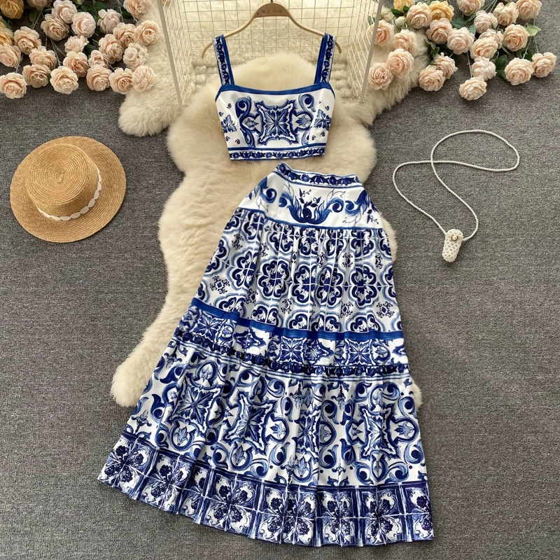 Moda Feminina Sexy Elegante Fatos De Estamparia De Verão Tops De Tanque + Cintura Alta Midi Pleat Half Dress Two Piece Sets — imagem 1