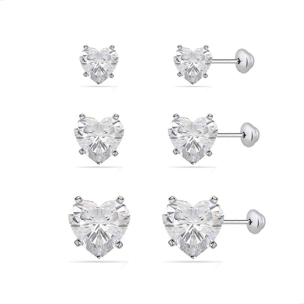 Brincos Prata 925 Kit Trio Infantil Bebê Ponto Luz Coração Tarraxa Baby