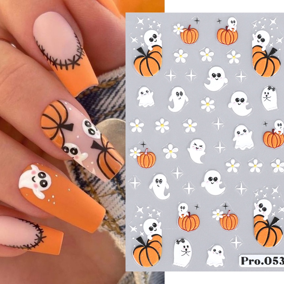 Autocolantes De Arte De Unhas De Halloween Em Relevo 5D Skull Pumpkin Nail Silder Ghost Bat Spider Web Anime Decoração De Manicure Gravada